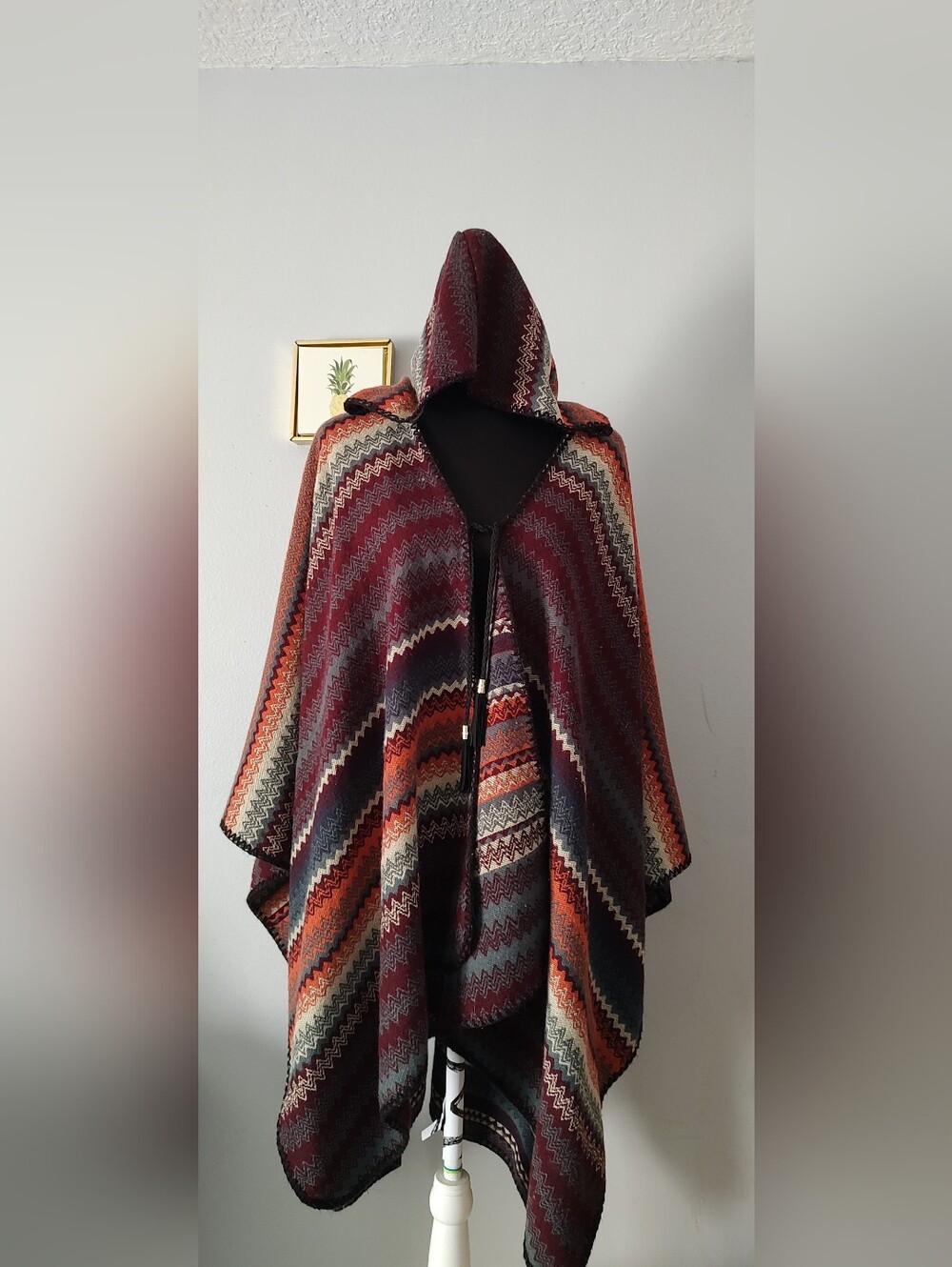 Hooded Chevron Knit Poncho in Burgundy & Rust - Picture 1 of 11